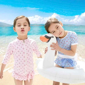 キッズ 水着 女の子 ジュニア UVカット 伸縮性 半袖 長袖 ファスナー 花柄 かわいい セパレート スリーピースセット プール 海 マリンスポーツ ピンク ブルー 春夏