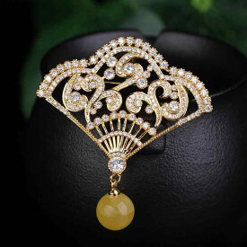 ブローチ レディース 2WAY 蜜蝋琥珀 扇子モチーフ 韓国ファッション ペンダントトップ 天然石 金メッキ 象嵌細工 証明書付き コーディネートしやすい おしゃれ