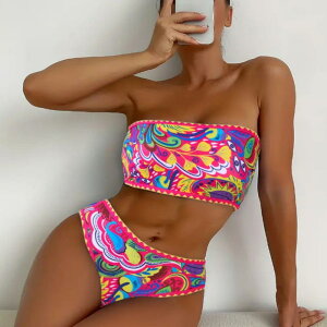 水着 レディース ビキニ セパレート デジタルプリント 縁取り 胸パッド付き ノンワイヤー ポリエステル素材 プール 海水浴 ビーチ リゾート 三角ボトム(x2)