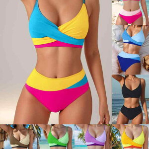 水着 レディース 胸パッド付き ノンワイヤー ハイウエスト セクシー ビキニ セパレート 無地 バイカラー 切り替え 体型カバー スイムウェア ビーチ プール 海 リゾート 春夏