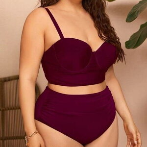 水着 レディース 大きいサイズ プラスサイズ 体型カバー セクシー ハイウエスト セパレート ビキニ ワイヤー入り 胸パッド付き 無地 シンプル 欧米風 露出控えめ ポリエステル
