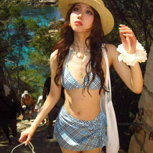 水着 レディース セパレート ビキニ セクシー 体型カバー 胸パッド付き ワイヤーなし 小胸 谷間メイク ビーチ リゾート 温泉 プール 旅行 ライトブルー 無地 バックシャン 3点セット