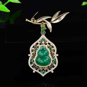 ブローチ レディース 上品 エレガント ジルコニア マイクロセッティング 模造翡翠 竹の葉 瓢箪モチーフ 電気メッキ加工 新中国風 チャイナドレス スーツ フォーマル カジュアル ゴールドカ