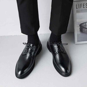 ビジネスシューズ メンズ 革靴 シークレットヒール 脚長効果 フォーマル 結婚式 新郎 スーツスタイル 通勤 カジュアル ラウンドトゥ レースアップ 軽量 PUレザー ラバーソール 秋冬 ブラック