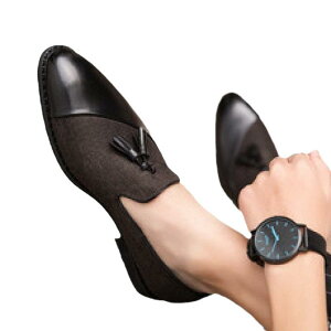 革靴 メンズ ポインテッドトゥ カジュアル ビジネス スリッポンシューズ 韓国風 レトロ ブリットスタイル 通気性 レザー調 マイクロファイバー ラバーソール ローヒール スクエアヒール 黒