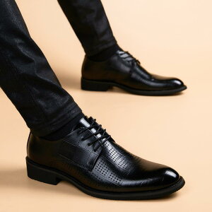 革靴 メンズ シークレットヒール 本革 通気性抜群 ソフトソール ポインテッドトゥ パンチングデザイン 脚長効果 身長アップ 韓国風 ビジネス カジュアル オフィス 通勤 柔らかい履き心地 ブ