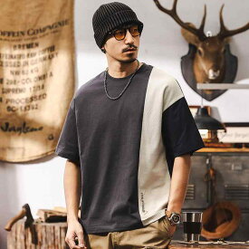 Tシャツ メンズ 半袖 ヘビーウェイト 配色切り替えデザイン ゆったり オーバーサイズ アメカジ カジュアル トップス 抗菌防臭 コットン 春夏