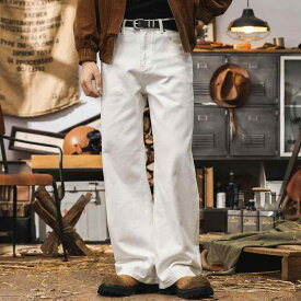 デニムパンツ メンズ 白 ワイドストレート ゆったり コットン ウォッシュ加工 アメカジ カジュアル ストリートファッション ミッドライズ 5ポケット 秋