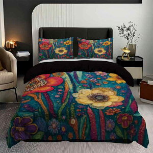 布団カバーセット デジタルプリント ピーチスキン加工 ポリエステル製 ボヘミアン 花柄 寝具カバー 3点セット 掛け布団カバー 枕カバー オールシーズン おしゃれ