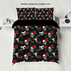 寝具3点セット スカル柄 デジタルプリント ポリエステル ピーチスキン加工 優しい肌触り モダンデザイン 掛け布団カバー 枕カバー