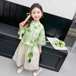 チャイナドレス 女の子 キッズ ガールズ セットアップ 夏 春夏 半袖 薄手 新中式 2点セット おしゃれ かわいい 唐装 漢服風 スカートセットアップ やわらか素材 ポリエステル グリーン