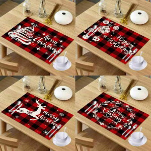 ランチョンマット クリスマス チェック柄 防水 撥水加工 リネン素材 洗える お手入れ簡単 ダイニングテーブル モダン おしゃれ 北欧風 シリーズ 約42cm×32cm(x4)
