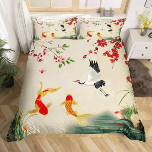 寝具カバーセット 和風 掛け布団カバー ポリエステル製 デジタルプリント 金魚柄 鶴柄 アニマルデザイン 子供部屋 大人部屋 寝室インテリア 三点セット