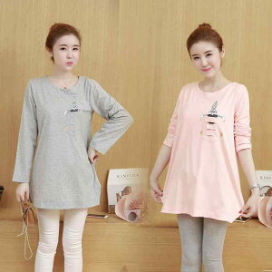 マタニティ トップス レディース 秋冬 韓国風 おしゃれ 長袖 スウェットTシャツ ゆったり ミドル丈 ラウンドネック コットン インナー ポケット付き 普段着 ルームウェア