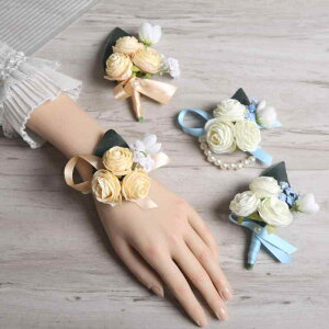 コサージュ ウェディング 結婚式 新郎 新婦 ブライズメイド ゲスト 参列者 ブートニア リストコサージュ シャンパン ホワイト 花モチーフ 手作り 布製 入学式 卒業式 セレモニー フォーマル