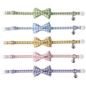 首輪 猫用 子猫 小型猫 かわいい おしゃれな チェック柄 蝶ネクタイ 鈴付き コットン製 オールシーズン 黄 緑 青 紫 ピンク