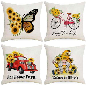 クッションカバー ソファ用 リビング ひまわり柄 夏 リネン 麻素材 通気性 モダン シンプル 北欧風 45×45cm 正方形 スクエア インテリア 雑貨 模様替え メーカー直販(x2)