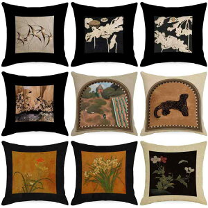 クッションカバー ヴィンテージ風 レトロ調 中華モダン リネン 麻 花柄 フラワーデザイン 45x45cm 多色展開 リビング ソファー 車 ホテル用