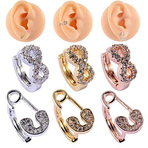 イヤーカフ ユニセックス 銅製 ジルコニア 8の字 安全ピンモチーフ 軟骨ピアス 電気メッキ加工 オーロラカラー 銀色 ローズゴールド キラキラ 高見え おしゃれ 個性的 カジュアル(x2)
