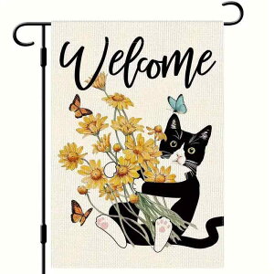 ガーデンフラッグ 春夏 かわいい 猫 花柄 麻 リネン 季節のウェルカム 玄関 庭 芝生 ベランダ テラス 庭園 装飾 屋外用 おしゃれな デザイン 目印 バナー タペストリー(x2)