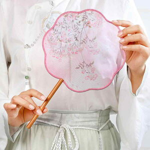 うちわ レディース キッズ 半透明 ロングハンドル タッセル付き 古風 中華風 舞踊扇 時代衣装 漢服 チャイナドレス シルク調 小丸型 春夏