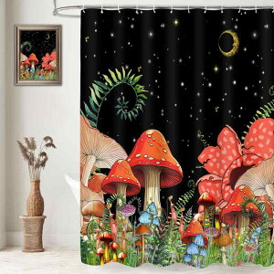シャワーカーテン 防水 おしゃれなキノコ柄 夜空の月と星デザイン 幻想的な雰囲気 フック付き ポリエステル製 モダンでシンプルなバスルーム用インテリア 目隠し 間仕切り