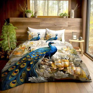寝具 エレガント 孔雀柄 デジタルプリント 掛け布団カバー 枕カバー 3点セット マイクロファイバー素材 モダン シンプル グリーン キングサイズ ワイドキング