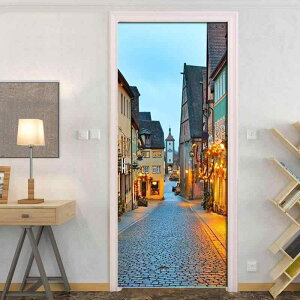 ドアステッカー 3D 黄昏の町 風景画 簡単貼付 リメイクシート PVC素材 防水 剥がせる 賃貸OK 模様替え おしゃれ インテリア リビング 寝室 玄関 店舗用 DIY 壁紙シール 2枚組