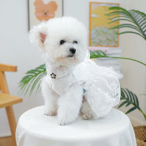 ドレス 犬猫用 春夏 トイプードル ビションフリーゼ ポメラニアン 猫 小型犬 ウェディング パーティー フォーマル かわいい プリンセス風 ダブルチェーン カメリア パール ネックレス ポリ