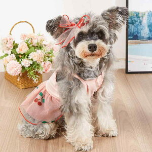 犬用ワンピース 小型犬 子犬向け 春夏 プリンセス かわいい ドッグウェア チュール レース フリル装飾 さくらんぼ柄 ポリエステル素材 お散歩 お出かけ イベント 記念撮影