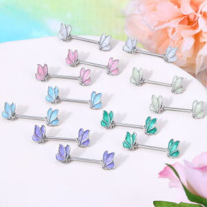 ボディピアス 男女兼用 ステンレス エナメル 電気メッキ加工 蝶 バタフライ アニマルモチーフ ニップルリング ストレートバーベル セクシー ジルコニア グリーン