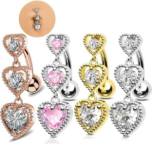 へそピアス 男女兼用 サージカルステンレス製 金属アレルギー対応 キラキラ輝くジルコニア 逆さ付け ハートモチーフ セクシー シンプル おしゃれ かわいい ボディピアス シルバー ゴールド