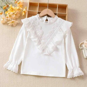 Tシャツ キッズ 女の子 吸汗速乾 長袖 丸首 花柄 フリル かわいい おしゃれ 春秋 上品な子供服 通園 通学 普段着 ポリエステル 柔らかい 肌触り良い ホワイト