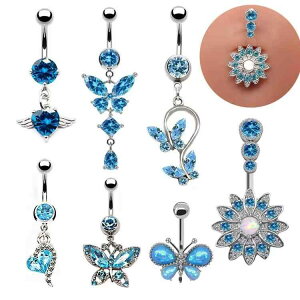 へそピアス ユニセックス 蝶モチーフ オパール ブルー系 サージカルステンレス製 電気メッキ加工 欧米風 かわいい 華やか ボディピアス へそリング 臍ピアス 金属アレルギー対応 男女兼用