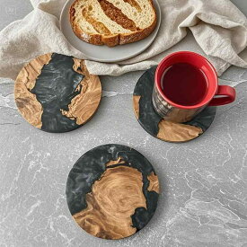 テーブルマット ランチョンマット コースター カップマット 断熱 耐熱 北欧 レトロ ヴィンテージ 樹脂製 木目調 高級感 上質 おしゃれ 円形 ダイニング 食卓 キッチン雑貨 ブラック グリーン(x2)