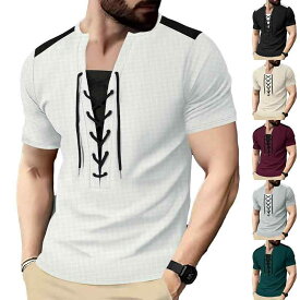 Tシャツ メンズ アメリカンスタイル 春夏 カジュアル ドローストリングデザイン ワッフル生地 無地 ゆったり 半袖 ポリエステル素材 ベーシック 普段着 ルームウェア 通気性 色あせしにくい