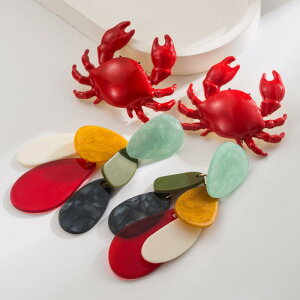 ピアス レディース 多層 不規則 樹脂 ロング 大ぶり カニモチーフ 上品 高級感 赤 レッド S925シルバー ポスト 個性的 ファッション アクセサリー 春夏