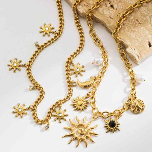 ネックレス レディース 韓国風 おしゃれ 上品 高級感 クール シンプル 個性的 チタン合金製 ひまわり ジルコニア ペンダント O字チェーン アレルギー対応