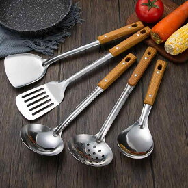 調理器具 ステンレス製 滑り止め 耐熱 フライ返し お玉 穴あきお玉 しゃもじ 樹脂ハンドル 家庭用 揚げ物 炒め物 料理 5点セット