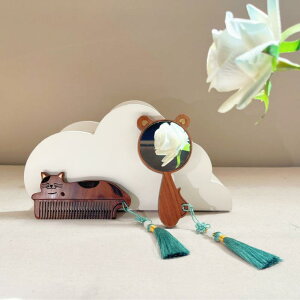 櫛 静電気防止 黒胡桃 木製 ミラー付き ペア ギフトセット カップル 友達 夫婦 誕生日 記念日 プレゼント 贈り物 おしゃれ 工芸品 高級感 アジアンテイスト