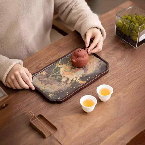 茶盤 新中国風 中華風 敦煌壁画デザイン 金箔調装飾 竹製 茶道 アクセサリー 茶器セット 急須 湯呑み対応 インテリア おしゃれ