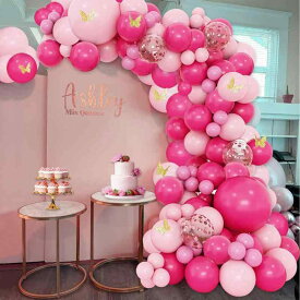 気球 女の子用 ガールズ ローズピンク ラテックス バルーンチェーン バルーンアーチ 3D 蝶々 シール 誕生日 結婚式 パーティー イベント 飾り付け デコレーション