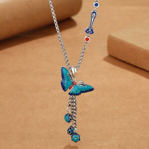 ネックレス レディース 七宝焼き エナメル 蝶々 タッセル 銅製 パールチェーン レトロ 民族風 上品 エレガント 高級感 個性的 女性用 首飾り