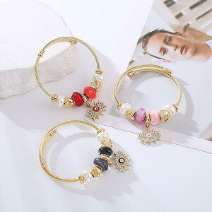 ブレスレット 男女兼用 合金製 イーヴィルアイ チャーム付き ラインストーン 幾何学デザイン サイズ調整可能 おしゃれ 個性的 普段使い きれいめカジュアル レッド ピンク ブラック