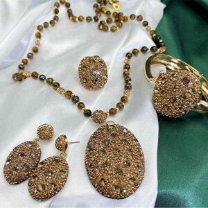 ジュエリー レディース 天然 タイガーアイ Kゴールド 高級感 エレガント デザイン 万能 4点セット ネックレス イヤリング ブレスレット 指輪 ブラウン