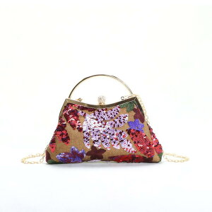 バッグ レディース がま口 口金 ハンドバッグ イブニングバッグ パーティーバッグ 和風 刺繍 花柄 重厚感 ネット スパンコール 切り替え デイリーユース 横型 ソフト ポケット付き