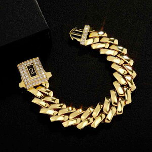 ブレスレット 腕輪 メンズ 男性用 男女兼用 電気メッキ加工 銅 ジルコニア ヒップホップ キューバンチェーン 18mm幅 スプリングクラスプ 欧米風 個性的 ゴールド