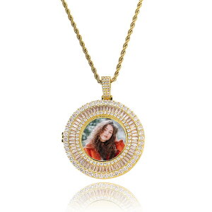 ネックレス メンズ ヒップホップ 欧米風 個性的 ファッション 丸型 写真入れ フォトフレーム ジルコニア T字型 銅製 ゴールド シルバー 24インチ ツイストチェーン DIYカスタム