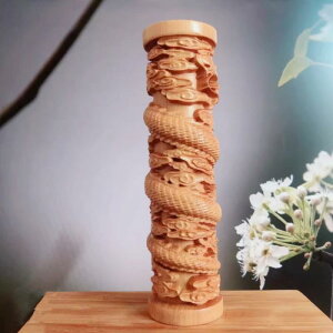 置物 タイコウヒノキ 無垢材 精密彫刻 伝統工芸 盤龍柱 龍神 中華風 室内装飾 オブジェ 卓上飾り 玄関 リビング 縁起物 開運 ラッキーアイテム 手持ち小物 ハンドオブジェ