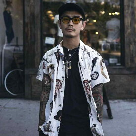 メンズ アロハシャツ 通気性 耐摩耗性 綿100% 和柄 浮世絵 百鬼夜行 芸妓 スカル タトゥー オープンカラー 半袖 ルーズフィット デイリーユース 春夏